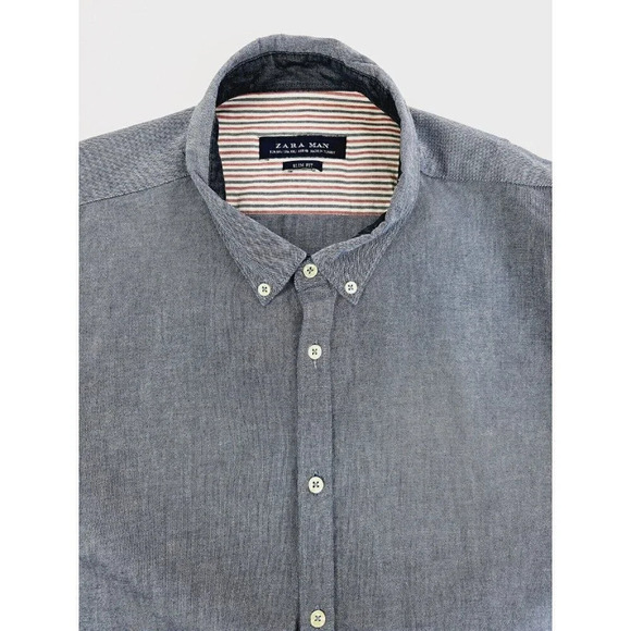 Zara Man Slim Fit Size 2XL Men's Blue Oxford Style Button Down Long Sleeve Shirt - Picture 5 of 9